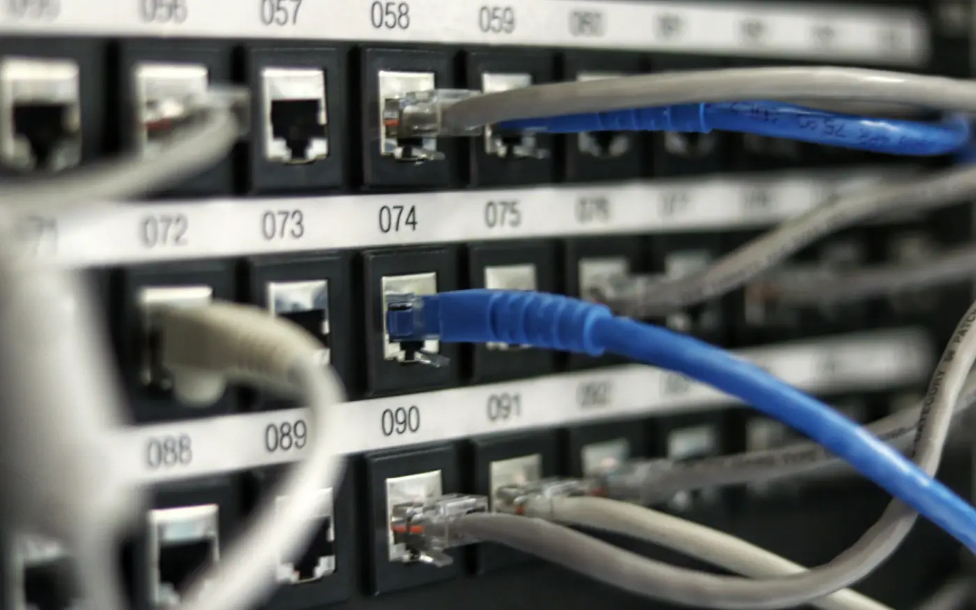 Network patch panel with numbered ports and structured cabling